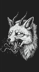 Ferocious Fox Demon Portrait in Detailed Ink Drawing.