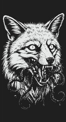 Intense Fox Head Devouring an Octopus in Monochrome Ink Drawing.