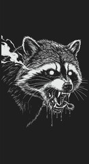 Glowing Eyed Raccoon Devouring Prey in Dark Ink Drawing.