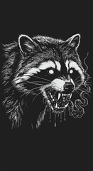 Ferocious Raccoon with Glowing Eyes and Eerie Smoke Black and White Illustration. © Arie