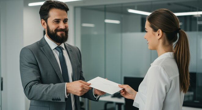 Enthusiastic boss giving incentive bonus in envelope to pleased employee