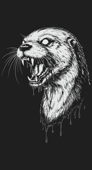 Ferocious Otter with Open Mouth Dripping Saliva and Intense Stare.
