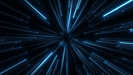 Dynamic journey through digital dimensions with glowing blue neon light trails streaking from a central vanishing point on a black background - Powered by Adobe