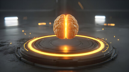 brain floating in the air surrounded by futuristic data holograms and lights