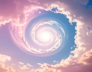 Dreamy spiral portal through pastel pink-and-blue skies formed by fluffy clouds, light shining through center