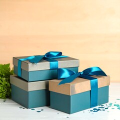 Three gift boxes, teal ribbons, stacked, light wood background