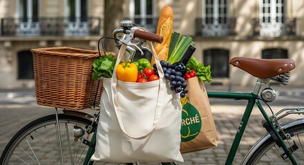 Eco-Friendly Grocery Run: A charming bicycle laden with fresh groceries and reusable bags, embodying a sustainable lifestyle and the pleasure of a healthy, eco-conscious shopping trip.