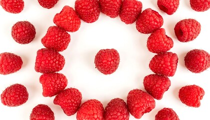 Fresh raspberries arranged in a circular pattern on a white background
