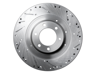 Angled Motorcycle Brake Disc Close-Up with Metallic Shine, Isolated on Transparent Background