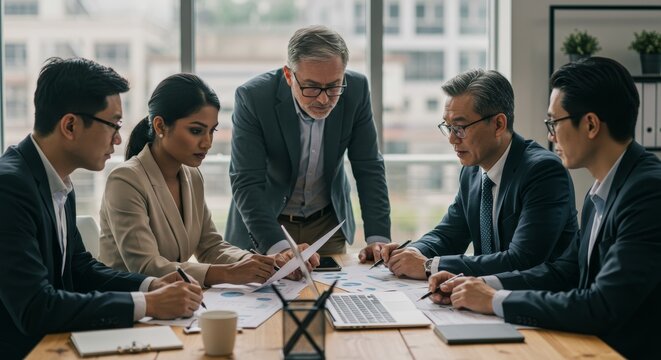 Diverse business team strategizing and analyzing data at a modern office meeting