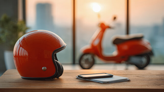 Orange helmet scooter smartphone notebook wooden table sunset light modern apartment city view urban commute safety gear with calm mood