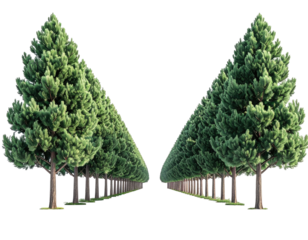 Two symmetrical rows of evergreen trees form a pathway