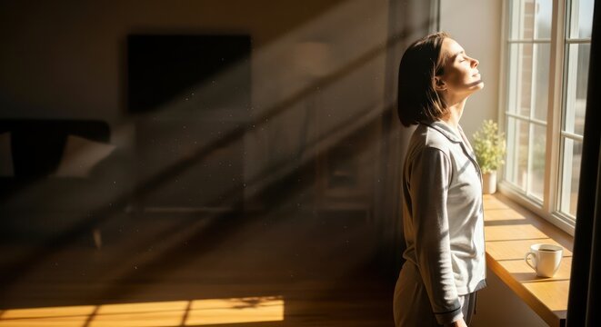Woman basking in sunlight near window with coffee cup, dust motes visible.