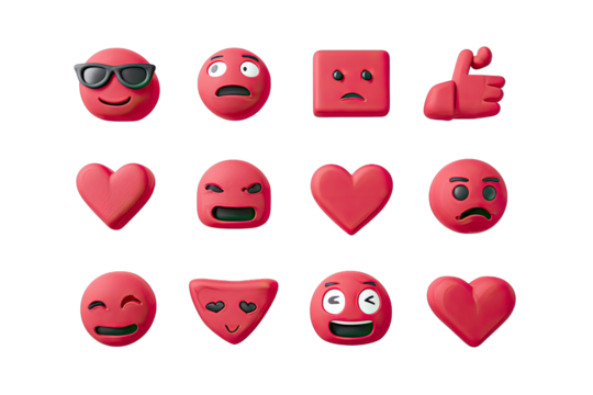 Set of 12 red emoticons.  Various expressions