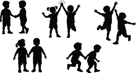 Kids Holding Hands Silhouettes, Happy Boys and Girls Together, Childhood Friends Playing, Children with Fun and Joy Vector Illustration