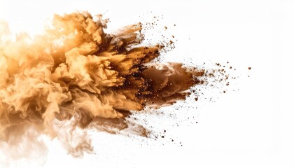 Abstract cloud of brown dust exploding outward against a white background, resembling smoke or earth particles in dynamic motion