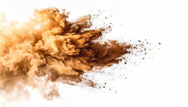 Abstract cloud of brown dust exploding outward against a white background, resembling smoke or earth particles in dynamic motion - Powered by Adobe