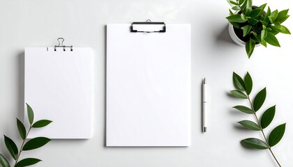 Blank stationery, clipboard, notepad, and plant on a white surface