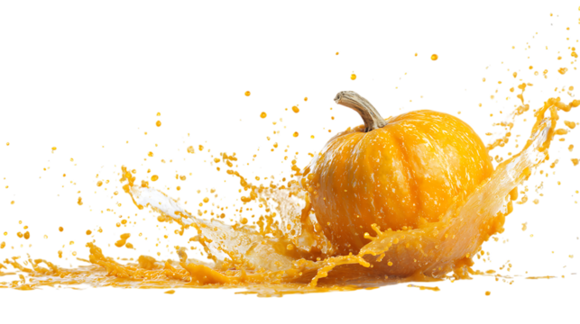 Small orange pumpkin splashing in orange liquid isolated on transparent background.