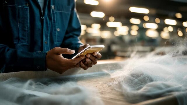Medium shot of a worker scanning a traceable supply chain barcode on organic cotton fabric highlighting transparency in product origin.