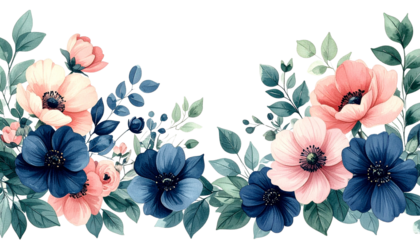 Watercolor floral ornament illustration with soft green leaves, navy blue and soft pink flowers, elegant botanical design