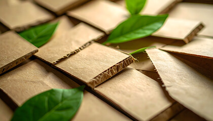 Cardboard and Green Leaf Composition: A close-up shot reveals meticulously arranged pieces of cardboard, artfully juxtaposed with delicate green leaves.