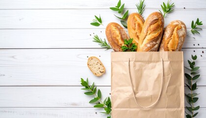 Bread baguettes, greenery, and a slice on white wood. Top-down view. Natural light. Calm, wholesome feel