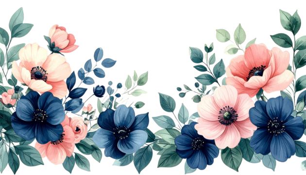 Watercolor floral ornament illustration with soft green leaves, navy blue and soft pink flowers, elegant botanical design