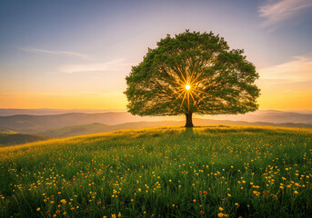 Lone tree on a hill of wildflowers at golden sunset
