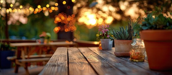 Cozy outdoor restaurant seating area illuminated by warm fairy lights at dusk.
