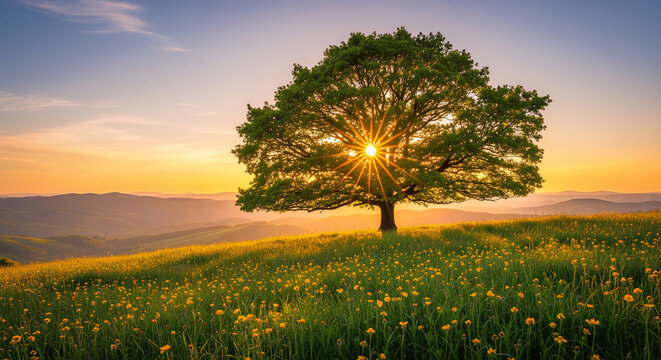 Majestic lone tree on a flowery hill at sunset