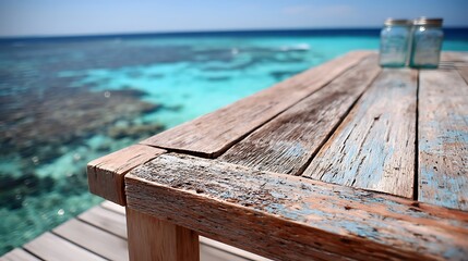 Weathered Wooden Dock with Glass Jars Over Clear Turquoise Water