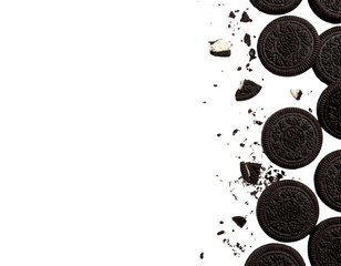 Top-Down Scattered Oreo Cookies and Broken Crumbs, Isolated on White Background