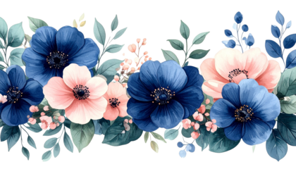 Watercolor floral ornament illustration with soft green leaves, navy blue and soft pink flowers, elegant botanical design