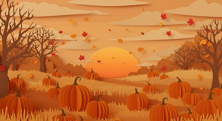Autumn Pumpkin Paradise: A handcrafted, whimsical depiction of an autumn scene filled with pumpkins under a glowing sun, evoking a feeling of warmth and harvest celebration.