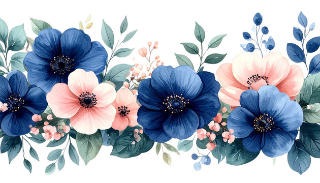 Watercolor floral ornament illustration with soft green leaves, navy blue and soft pink flowers, elegant botanical design - Powered by Adobe