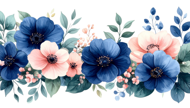 Watercolor floral ornament illustration with soft green leaves, navy blue and soft pink flowers, elegant botanical design