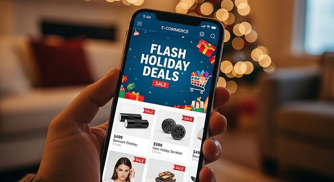 Online Holiday Shopping Spree: A person's hand holds a smartphone, showcasing a vibrant e-commerce platform with Flash Holiday Deals in celebration of the festive season.