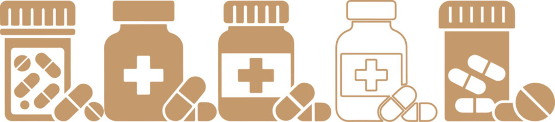Vector illustration of medicine bottles and pills representing healthcare, pharmacy, prescription drugs, medical treatment, and pharmaceutical concept for hospital, clinic, and wellness themes.