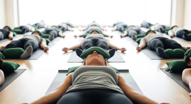 People in a yoga class relaxing in Savasana pose