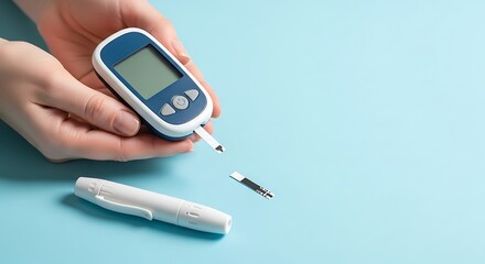 Close-up of a person's hands holding a glucose meter and a lancet device, used for monitoring blood sugar levels.