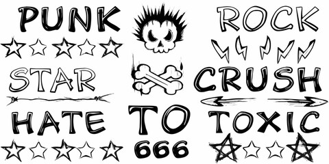 Collection of hand drawn punk rock and heavy metal graphic elements and text