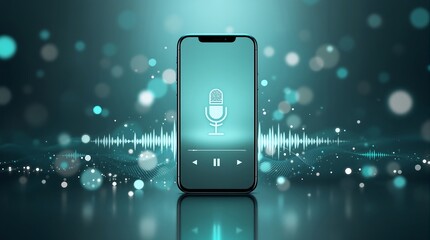 Audio recording app on mobile phone for podcasting and voice notes with sound wave visualization