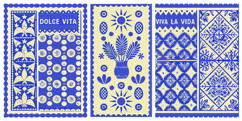 Vibrant blue and yellow folk art panels with floral motifs and inspirational text
