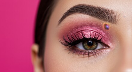 Naklejka premium Glamorous pink eyeshadow look with long lashes on vibrant pink backdrop