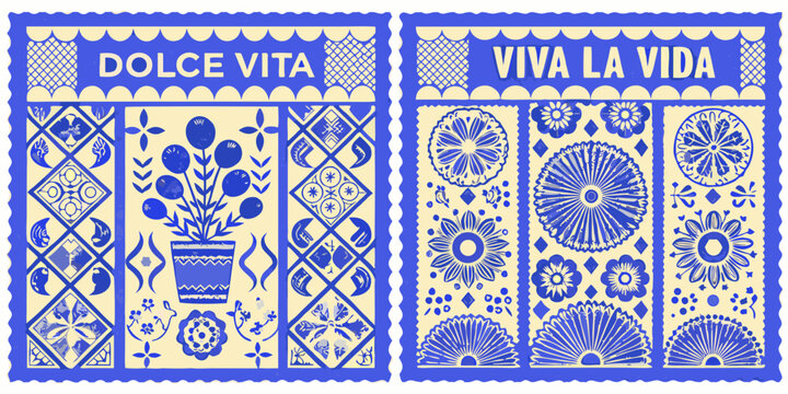 Traditional mexican papel picado art with dolce vita and viva la vida text and floral designs