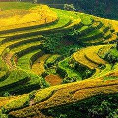 Lush terraced rice paddies cascade down a hillside in a rural setting with vibrant greens and yellows