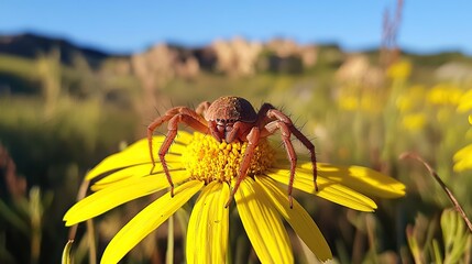 Crab spider hidden among sunlit petals of a yellow daisy in a meadow, nearly invisible in the midday glow