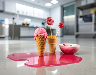 Pink ice cream cone melting on a floor with other sweets in a sterile, blurred background