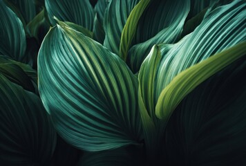 Close-up view of lush, vibrant green leaves with prominent veins, creating a textured and organic pattern. Dark and moody aesthetic